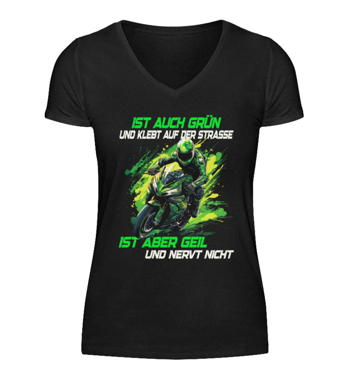 Ein T-Shirt mit V-Ausschnitt für Motorradfahrerinnen von Wingbikers mit dem Aufdruck, Supersportler - Ist auch grün und klebt auf der Straße, ist aber geil und nervt nicht, in schwarz.