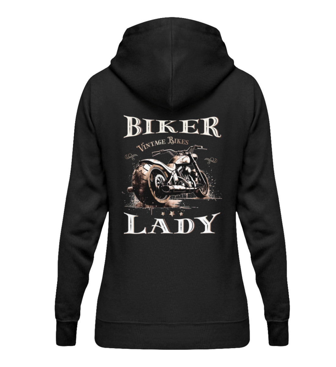 Ein Damen Hoodie für Motorradfahrerinnen von Wingbikers mit dem Aufdruck, Biker Lady, in schwarz.