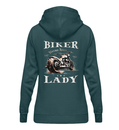 Ein Damen Hoodie für Motorradfahrerinnen von Wingbikers mit dem Aufdruck, Biker Lady, in pertol türkis.