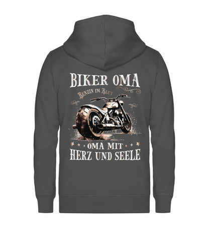 Eine Reißverschluss-Jacke für Motorradfahrerinnen von Wingbikers mit dem Aufdruck, Biker Oma - Benzin im Blut - Oma mit Herz und Seele, in dunkelgrau.