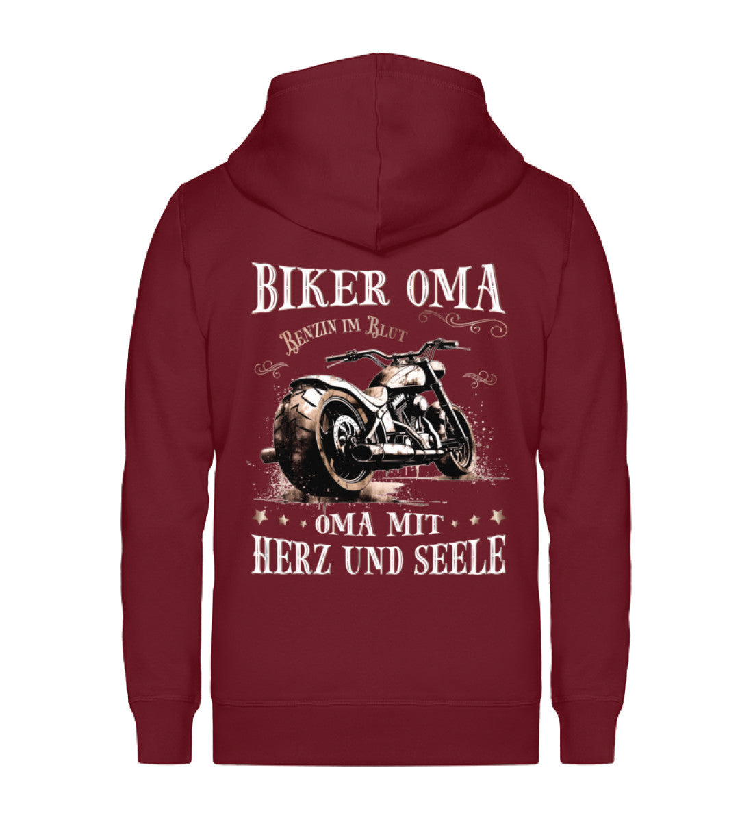 Eine Reißverschluss-Jacke für Motorradfahrerinnen von Wingbikers mit dem Aufdruck, Biker Oma - Benzin im Blut - Oma mit Herz und Seele, in burgunder rot.