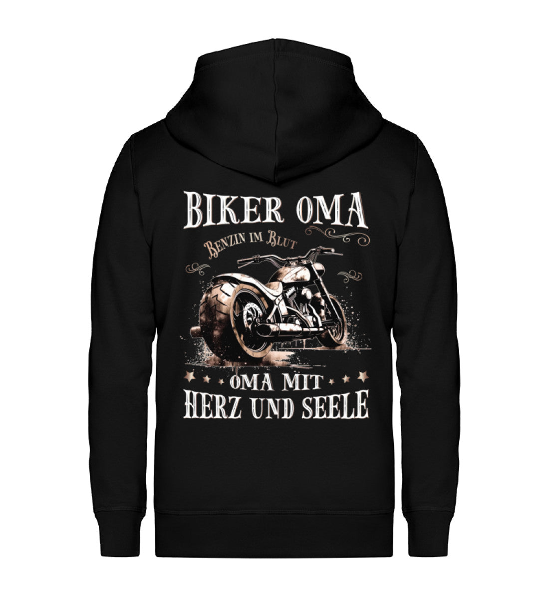 Eine Reißverschluss-Jacke für Motorradfahrerinnen von Wingbikers mit dem Aufdruck, Biker Oma - Benzin im Blut - Oma mit Herz und Seele, in schwarz.