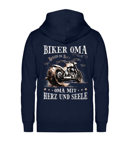 Eine Reißverschluss-Jacke für Motorradfahrerinnen von Wingbikers mit dem Aufdruck, Biker Oma - Benzin im Blut - Oma mit Herz und Seele, in navy blau.