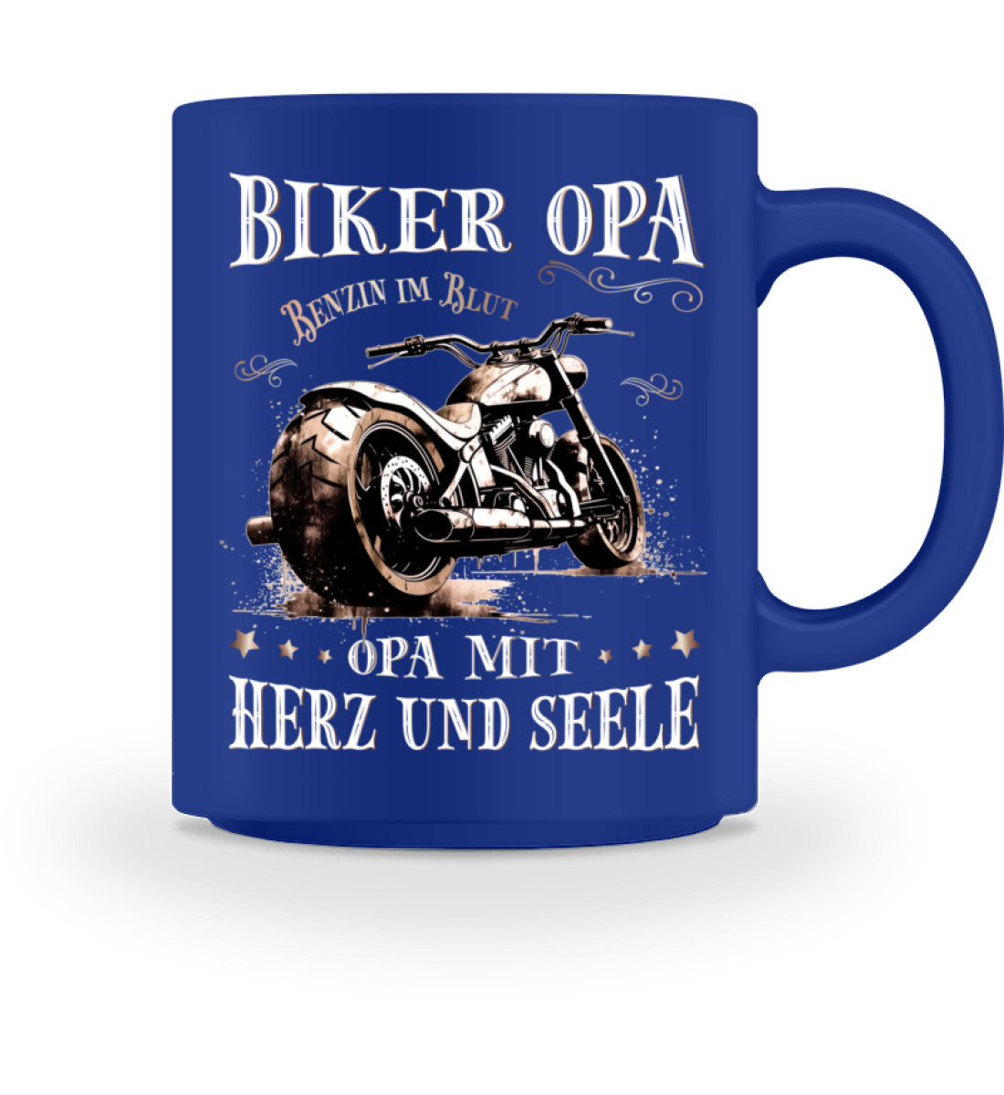 Eine Tasse für Motorradfahrer von Wingbikers, mit dem beidseitigen Aufdruck, Biker Opa - Benzin im Blut - Opa mit Herz und Seele, in royal blau.