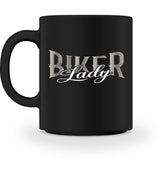 Eine Tasse für Motorradfahrerinnen von Wingbikers, mit dem beidseitigen Aufdruck, Biker Lady, in schwarz.