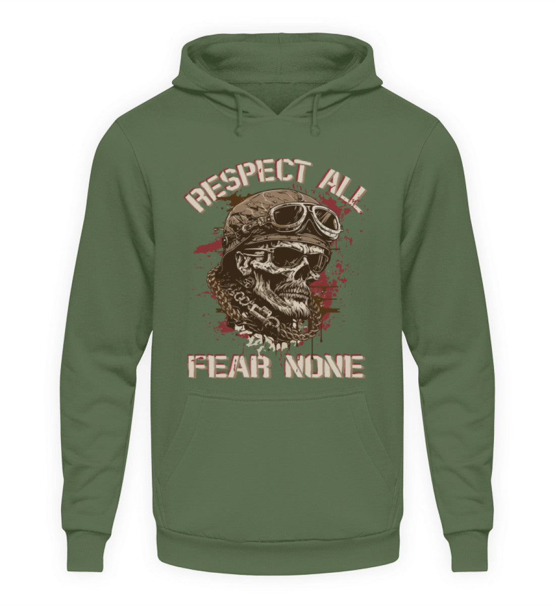 Ein Biker Hoodie für Motorradfahrer von Wingbikers mit dem Aufdruck, Respect All - Fear None, in erdgrün.