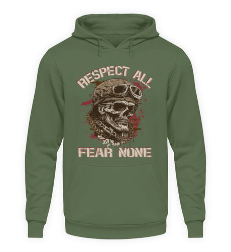 Ein Biker Hoodie für Motorradfahrer von Wingbikers mit dem Aufdruck, Respect All - Fear None, in erdgrün.