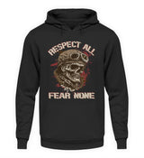 Ein Biker Hoodie für Motorradfahrer von Wingbikers mit dem Aufdruck, Respect All - Fear None, in schwarz.