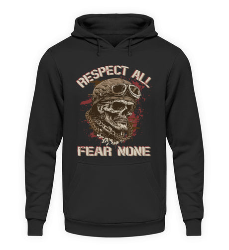 Ein Biker Hoodie für Motorradfahrer von Wingbikers mit dem Aufdruck, Respect All - Fear None, in schwarz.