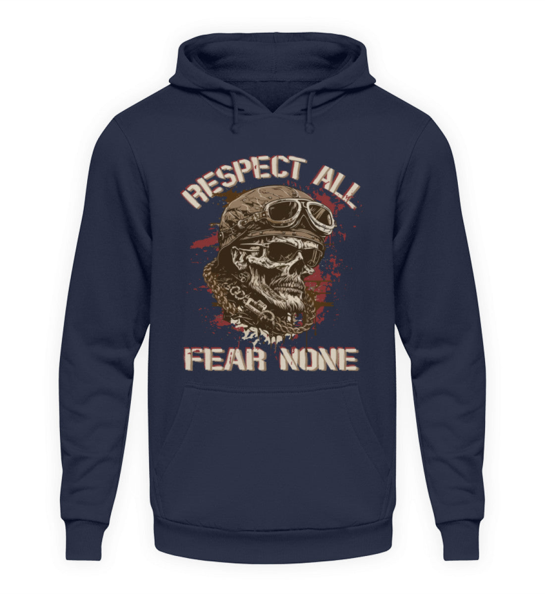 Ein Biker Hoodie für Motorradfahrer von Wingbikers mit dem Aufdruck, Respect All - Fear None, in navy blau.