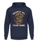 Ein Biker Hoodie für Motorradfahrer von Wingbikers mit dem Aufdruck, Respect All - Fear None, in navy blau.