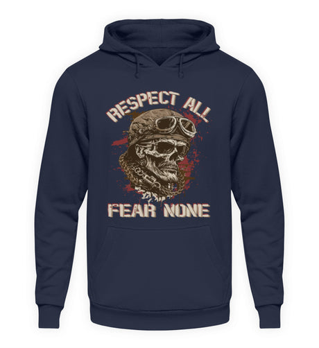 Ein Biker Hoodie für Motorradfahrer von Wingbikers mit dem Aufdruck, Respect All - Fear None, in navy blau.