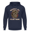 Ein Biker Hoodie für Motorradfahrer von Wingbikers mit dem Aufdruck, Respect All - Fear None, in navy blau.