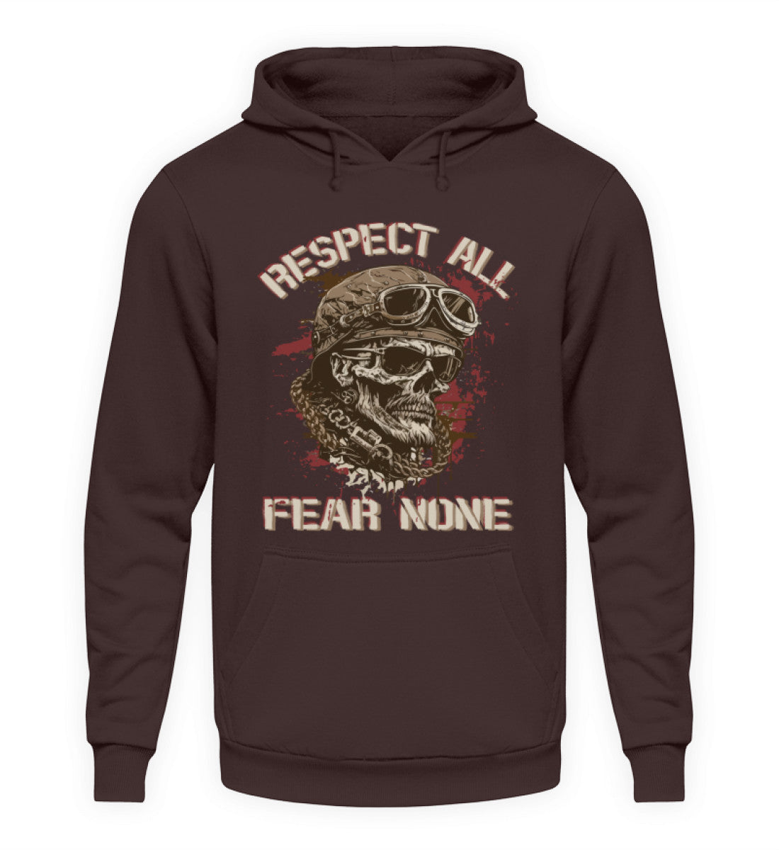 Ein Biker Hoodie für Motorradfahrer von Wingbikers mit dem Aufdruck, Respect All - Fear None, in braun.