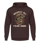 Ein Biker Hoodie für Motorradfahrer von Wingbikers mit dem Aufdruck, Respect All - Fear None, in braun.