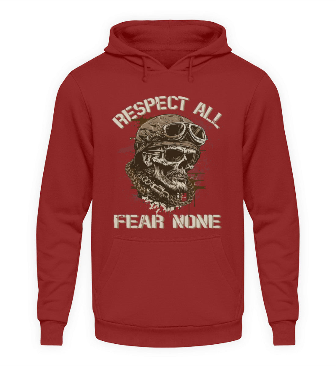 Ein Biker Hoodie für Motorradfahrer von Wingbikers mit dem Aufdruck, Respect All - Fear None, in backsteinrot.