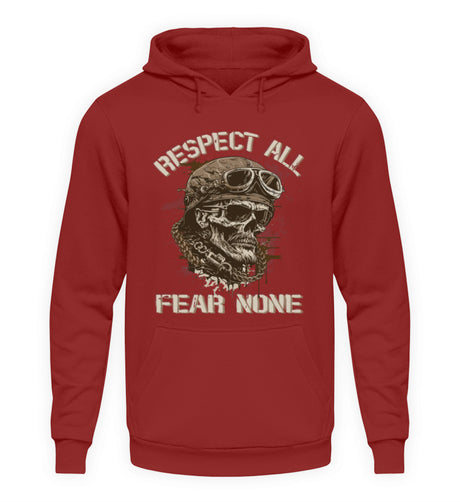 Ein Biker Hoodie für Motorradfahrer von Wingbikers mit dem Aufdruck, Respect All - Fear None, in backsteinrot.