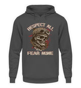 Ein Biker Hoodie für Motorradfahrer von Wingbikers mit dem Aufdruck, Respect All - Fear None, in dunkelgrau.