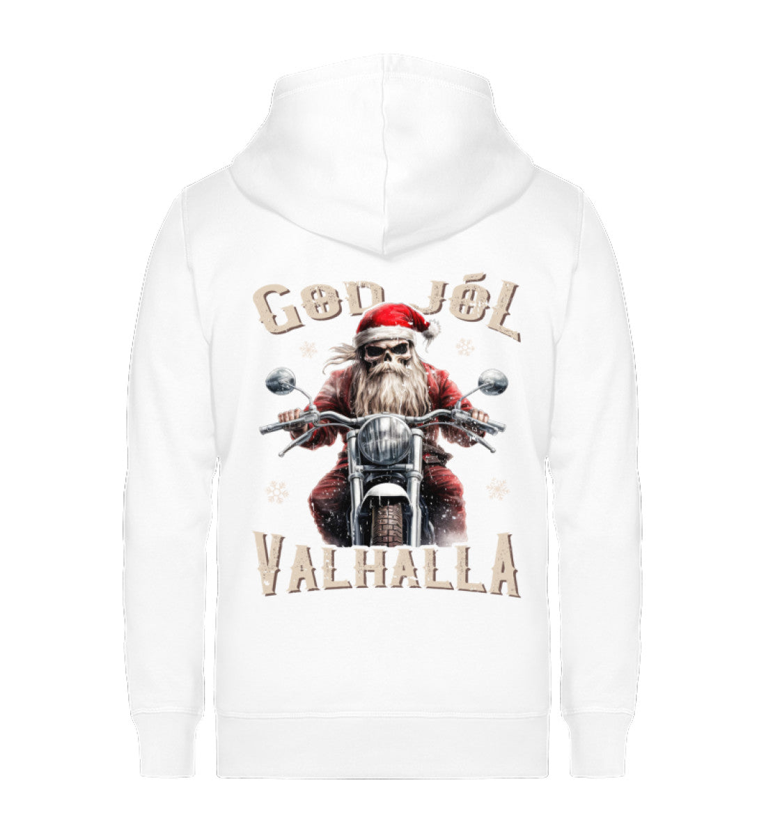 Ein weihnachtliches Biker Zip-Jacke für Motorradfahrer von Wingbikers mit dem Aufdruck, God Jól Valhalla, mit Back Print - in weiß.