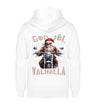 Ein weihnachtliches Biker Zip-Jacke für Motorradfahrer von Wingbikers mit dem Aufdruck, God Jól Valhalla, mit Back Print - in weiß.