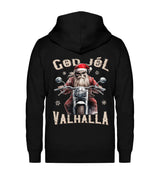 Ein weihnachtliches Biker Zip-Jacke für Motorradfahrer von Wingbikers mit dem Aufdruck, God Jól Valhalla, mit Back Print - in schwarz.