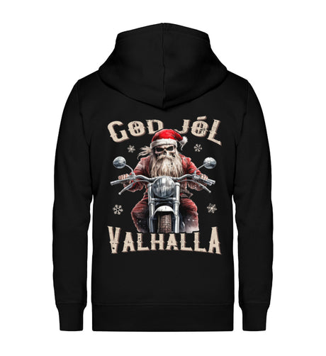 Ein weihnachtliches Biker Zip-Jacke für Motorradfahrer von Wingbikers mit dem Aufdruck, God Jól Valhalla, mit Back Print - in schwarz.