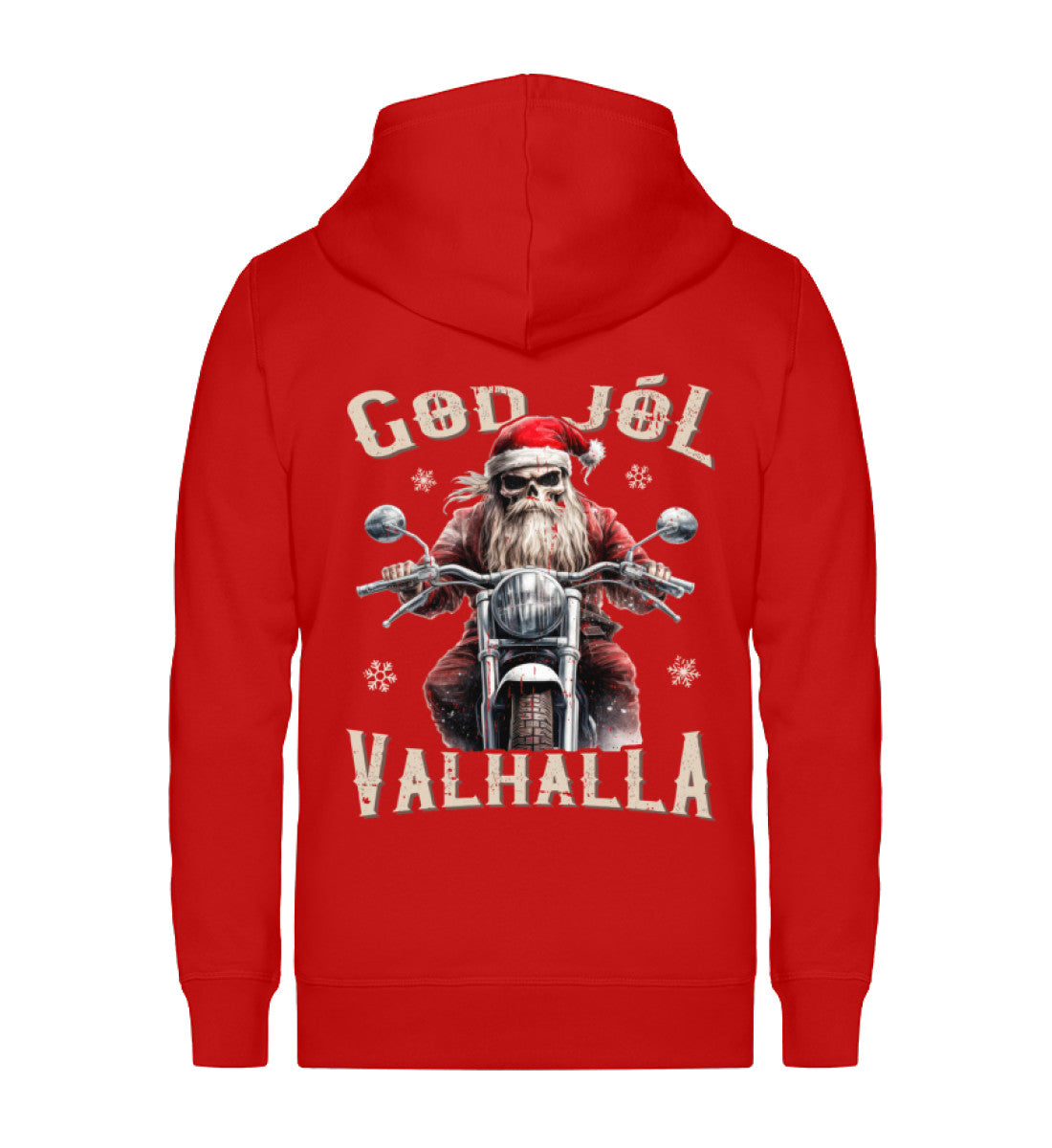Ein weihnachtliches Biker Zip-Jacke für Motorradfahrer von Wingbikers mit dem Aufdruck, God Jól Valhalla, mit Back Print - in rot.