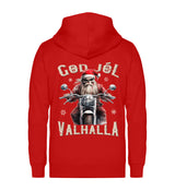 Ein weihnachtliches Biker Zip-Jacke für Motorradfahrer von Wingbikers mit dem Aufdruck, God Jól Valhalla, mit Back Print - in rot.