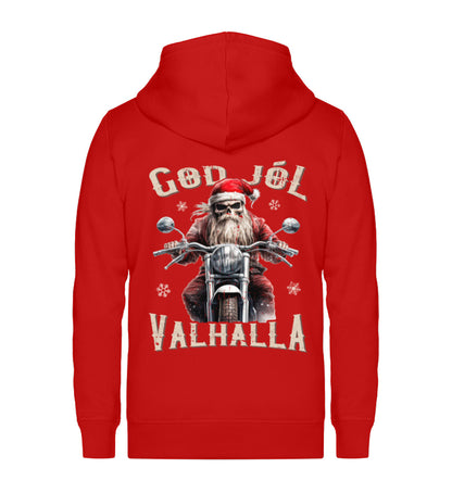 Ein weihnachtliches Biker Zip-Jacke für Motorradfahrer von Wingbikers mit dem Aufdruck, God Jól Valhalla, mit Back Print - in rot.