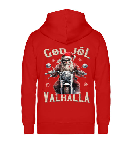 Ein weihnachtliches Biker Zip-Jacke für Motorradfahrer von Wingbikers mit dem Aufdruck, God Jól Valhalla, mit Back Print - in rot.