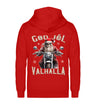 Ein weihnachtliches Biker Zip-Jacke für Motorradfahrer von Wingbikers mit dem Aufdruck, God Jól Valhalla, mit Back Print - in rot.