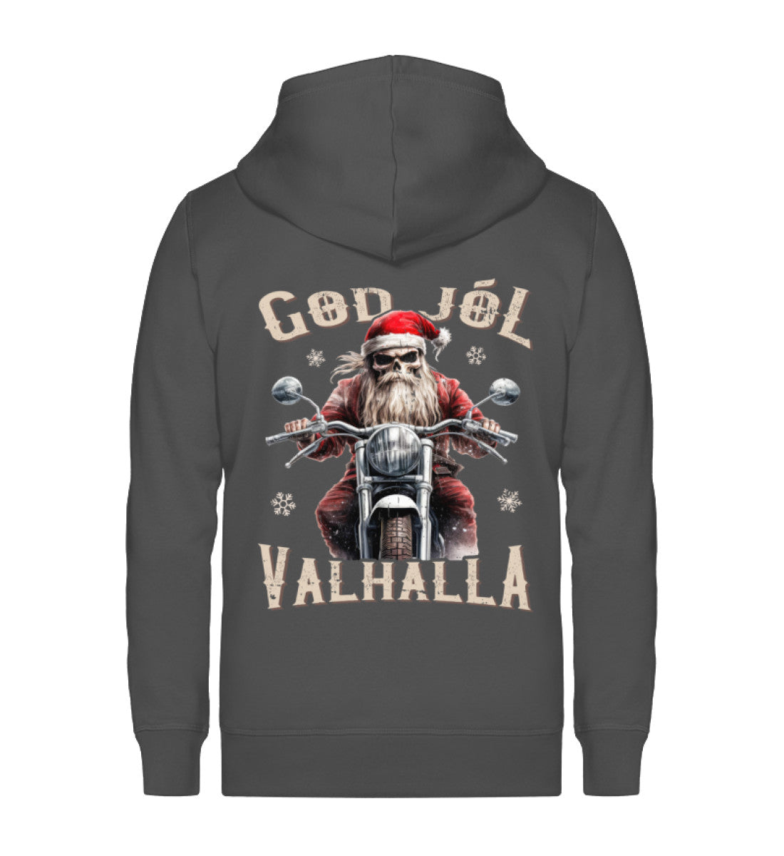 Ein weihnachtliches Biker Zip-Jacke für Motorradfahrer von Wingbikers mit dem Aufdruck, God Jól Valhalla, mit Back Print - in dunkelgrau.