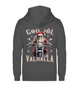 Ein weihnachtliches Biker Zip-Jacke für Motorradfahrer von Wingbikers mit dem Aufdruck, God Jól Valhalla, mit Back Print - in dunkelgrau.