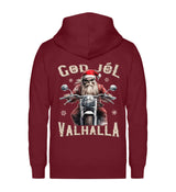 Ein weihnachtliches Biker Zip-Jacke für Motorradfahrer von Wingbikers mit dem Aufdruck, God Jól Valhalla, mit Back Print - in burgunder weinrot.