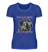 Ein T-Shirt für Motorradfahrerinnen von Wingbikers mit dem Aufdruck, Love is... When You Like Someone As Much As Your Motorcycle, in royal blau.