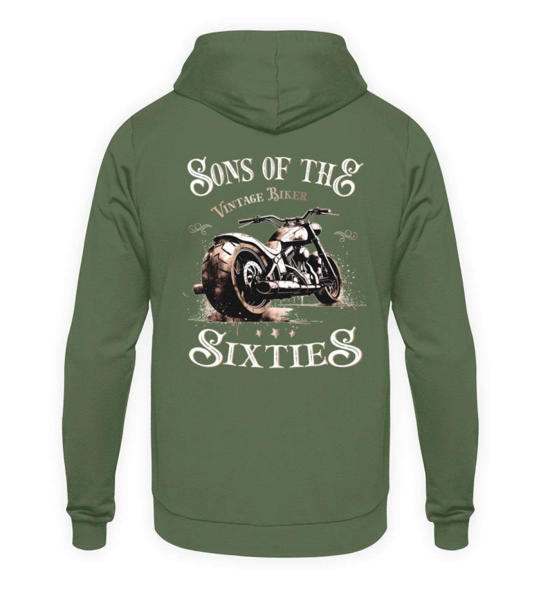 Ein Biker Hoodie für Motorradfahrer von Wingbikers mit dem Aufdruck, Sons of the Sixties - Vintage Biker, in erdgrün.