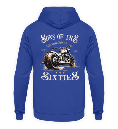 Ein Biker Hoodie für Motorradfahrer von Wingbikers mit dem Aufdruck, Sons of the Sixties - Vintage Biker, in royal blau.