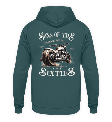 Ein Biker Hoodie für Motorradfahrer von Wingbikers mit dem Aufdruck, Sons of the Sixties - Vintage Biker, in petrol türkis.