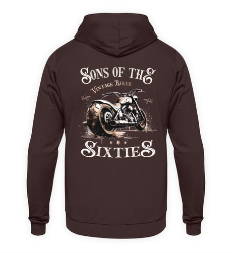 Ein Biker Hoodie für Motorradfahrer von Wingbikers mit dem Aufdruck, Sons of the Sixties - Vintage Biker, in braun.