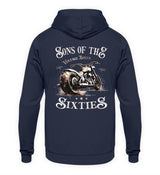 Ein Biker Hoodie für Motorradfahrer von Wingbikers mit dem Aufdruck, Sons of the Sixties - Vintage Biker, in navy blau.