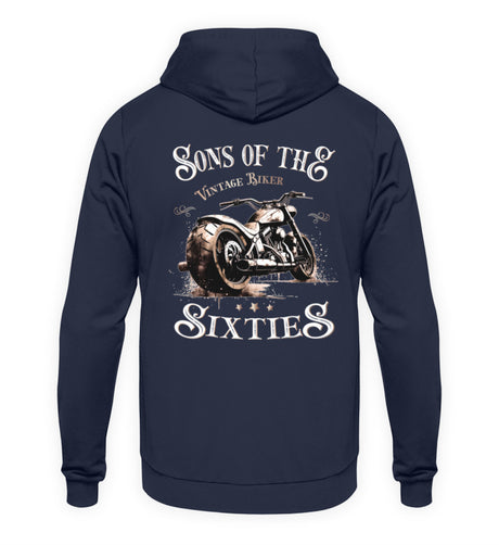 Ein Biker Hoodie für Motorradfahrer von Wingbikers mit dem Aufdruck, Sons of the Sixties - Vintage Biker, in navy blau.