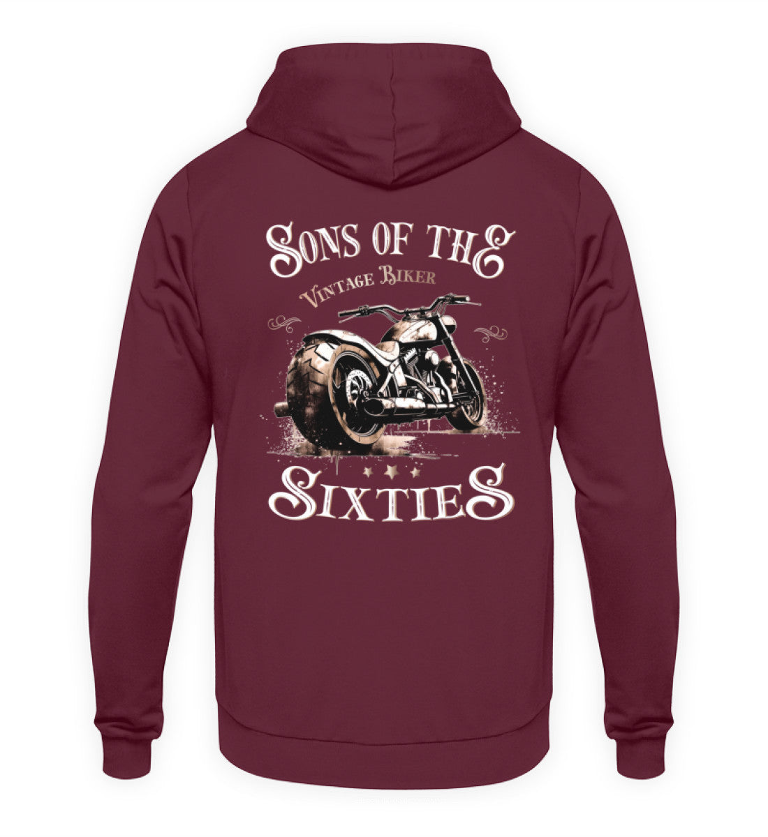 Ein Biker Hoodie für Motorradfahrer von Wingbikers mit dem Aufdruck, Sons of the Sixties - Vintage Biker, in burgunder weinrot.