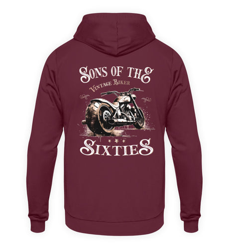 Ein Biker Hoodie für Motorradfahrer von Wingbikers mit dem Aufdruck, Sons of the Sixties - Vintage Biker, in burgunder weinrot.