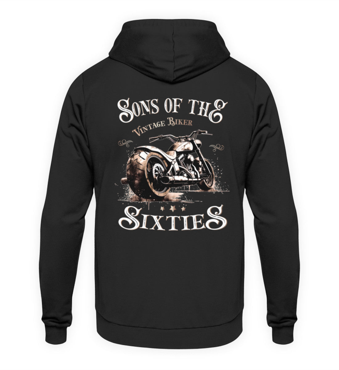 Ein Biker Hoodie für Motorradfahrer von Wingbikers mit dem Aufdruck, Sons of the Sixties - Vintage Biker, in schwarz.