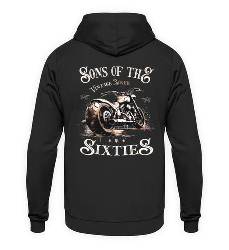 Ein Biker Hoodie für Motorradfahrer von Wingbikers mit dem Aufdruck, Sons of the Sixties - Vintage Biker, in schwarz.