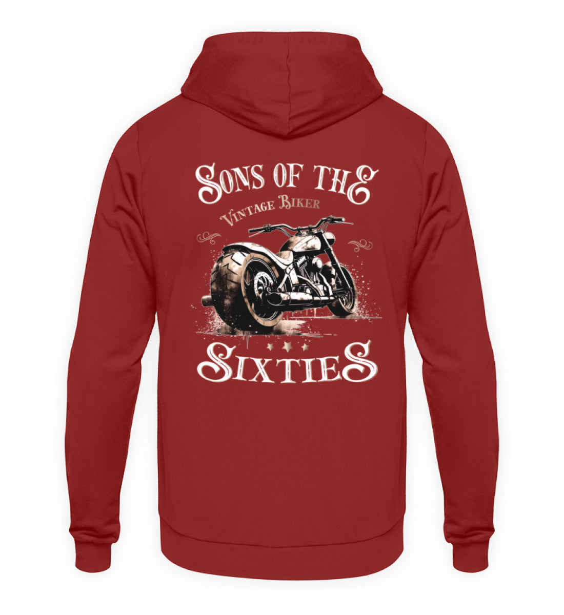 Ein Biker Hoodie für Motorradfahrer von Wingbikers mit dem Aufdruck, Sons of the Sixties - Vintage Biker, in backsteinrot.