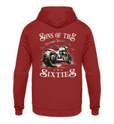 Ein Biker Hoodie für Motorradfahrer von Wingbikers mit dem Aufdruck, Sons of the Sixties - Vintage Biker, in backsteinrot.