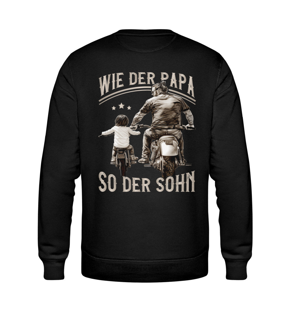 Ein Biker Sweatshirt für Motorradfahrer von Wingbikers mit dem Aufdruck, Motorrad Papa - Wie der Vater so der Sohn - in schwarz.