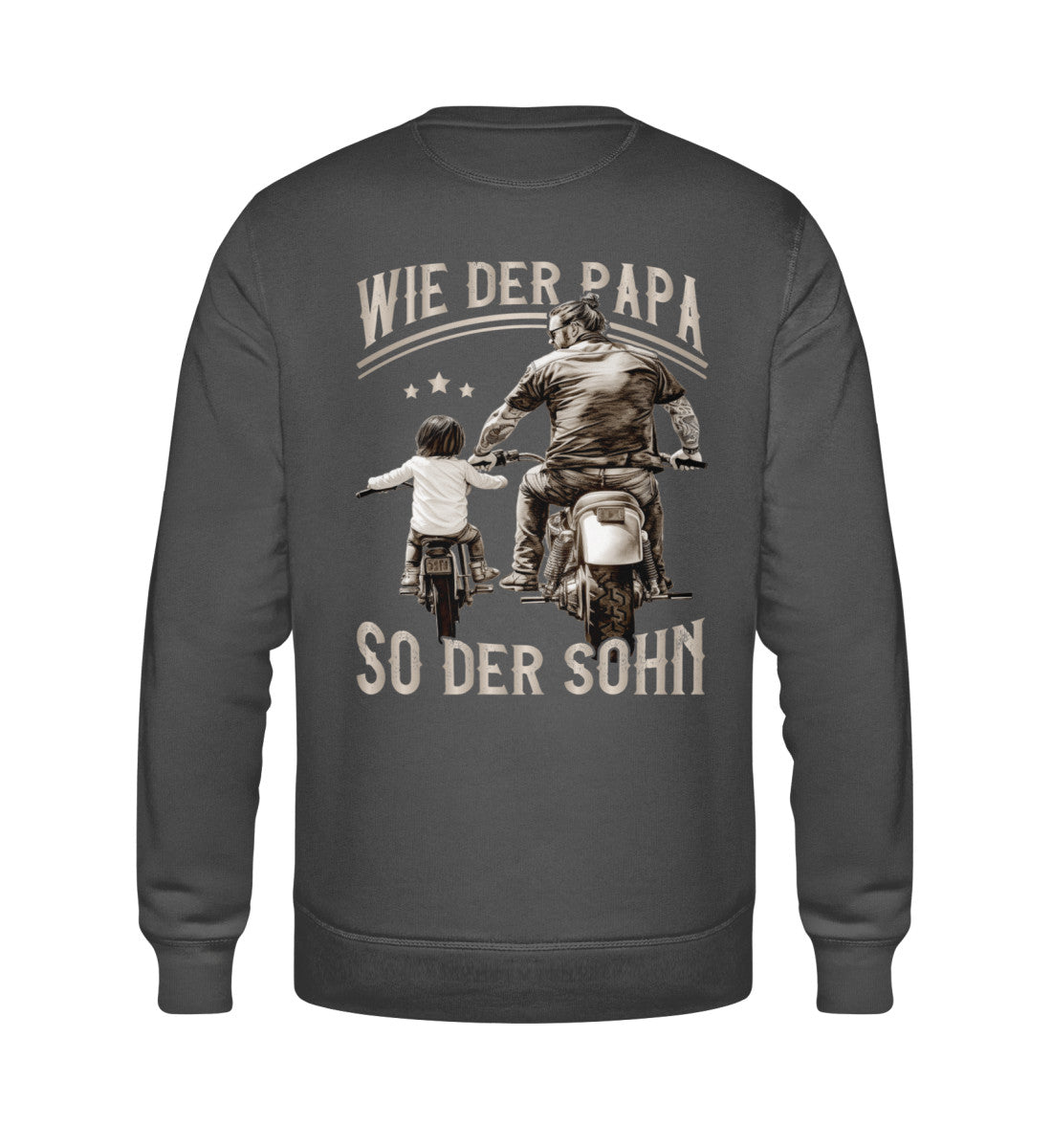 Ein Biker Sweatshirt für Motorradfahrer von Wingbikers mit dem Aufdruck, Motorrad Papa - Wie der Vater so der Sohn - in dunkelgrau.