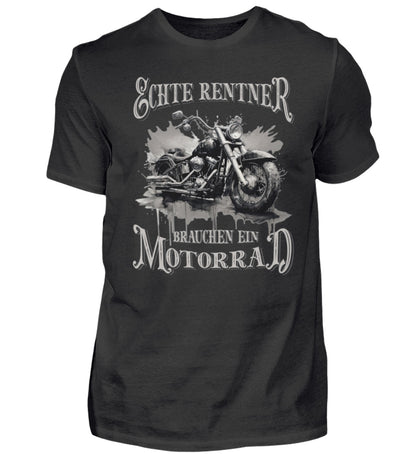 Ein Biker T-Shirt für Motorradfahrer von Wingbikers mit dem Aufdruck, Echte Rentner brauchen ein Motorrad, in schwarz.